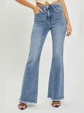 RISEN Full Size High Waist Raw Hem Flare Jeans